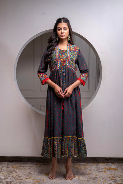 Juniper Viscose Grey Embroidered Long Dress And Shrug Set With Thread, Mirror Work & Beads