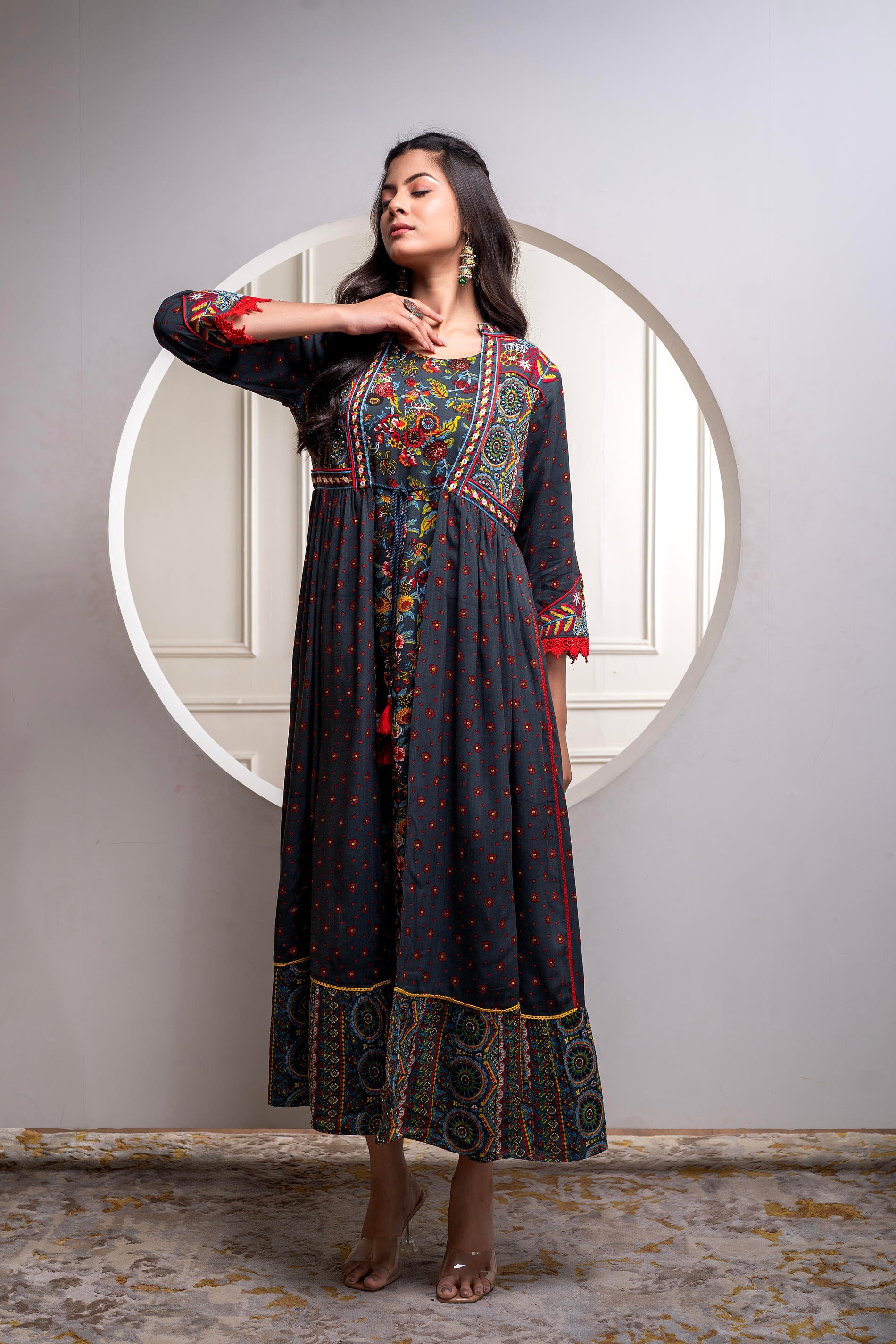 Juniper Viscose Grey Embroidered Long Dress And Shrug Set With Thread, Mirror Work & Beads