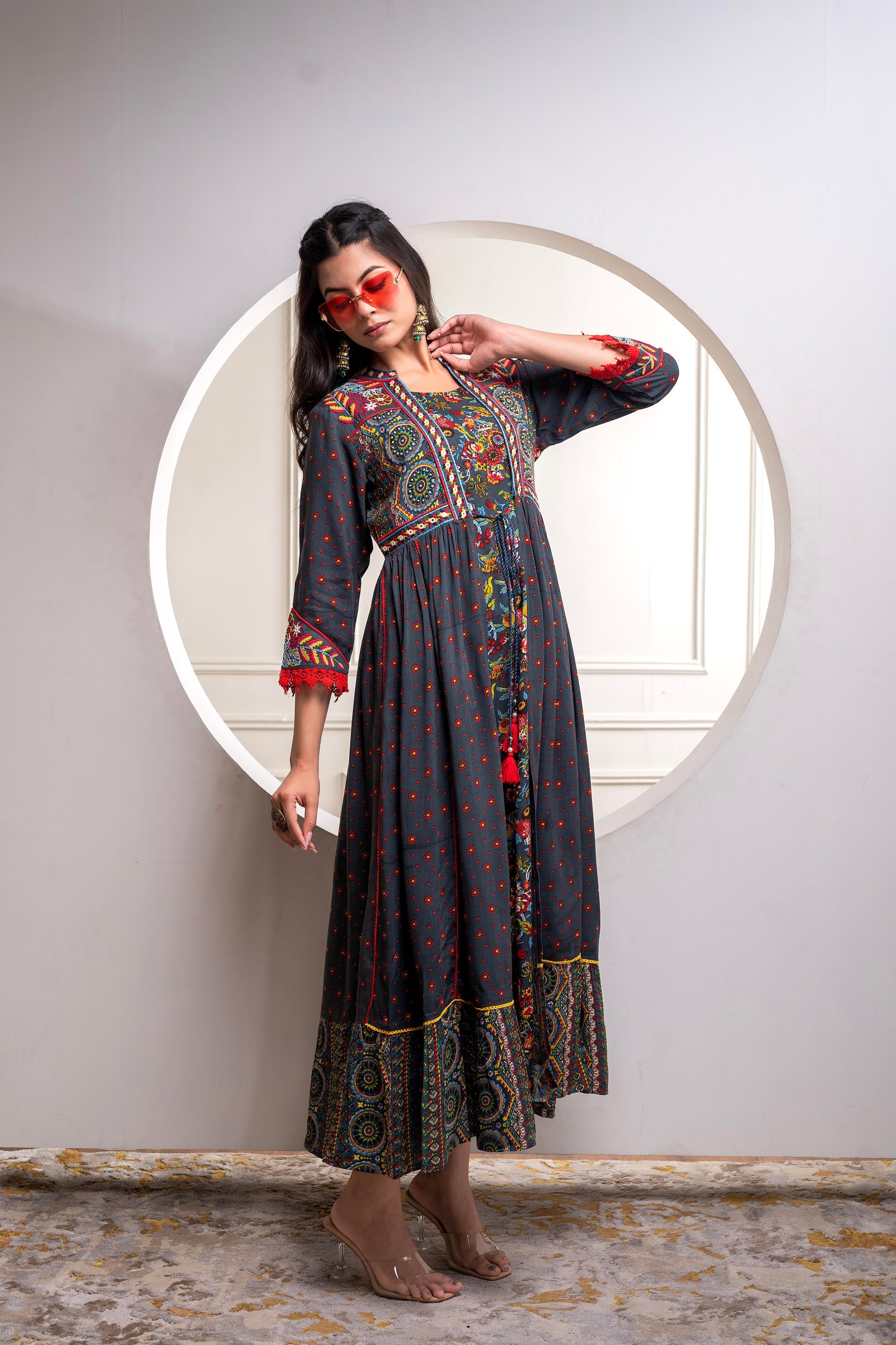 Juniper Viscose Grey Embroidered Long Dress And Shrug Set With Thread, Mirror Work & Beads