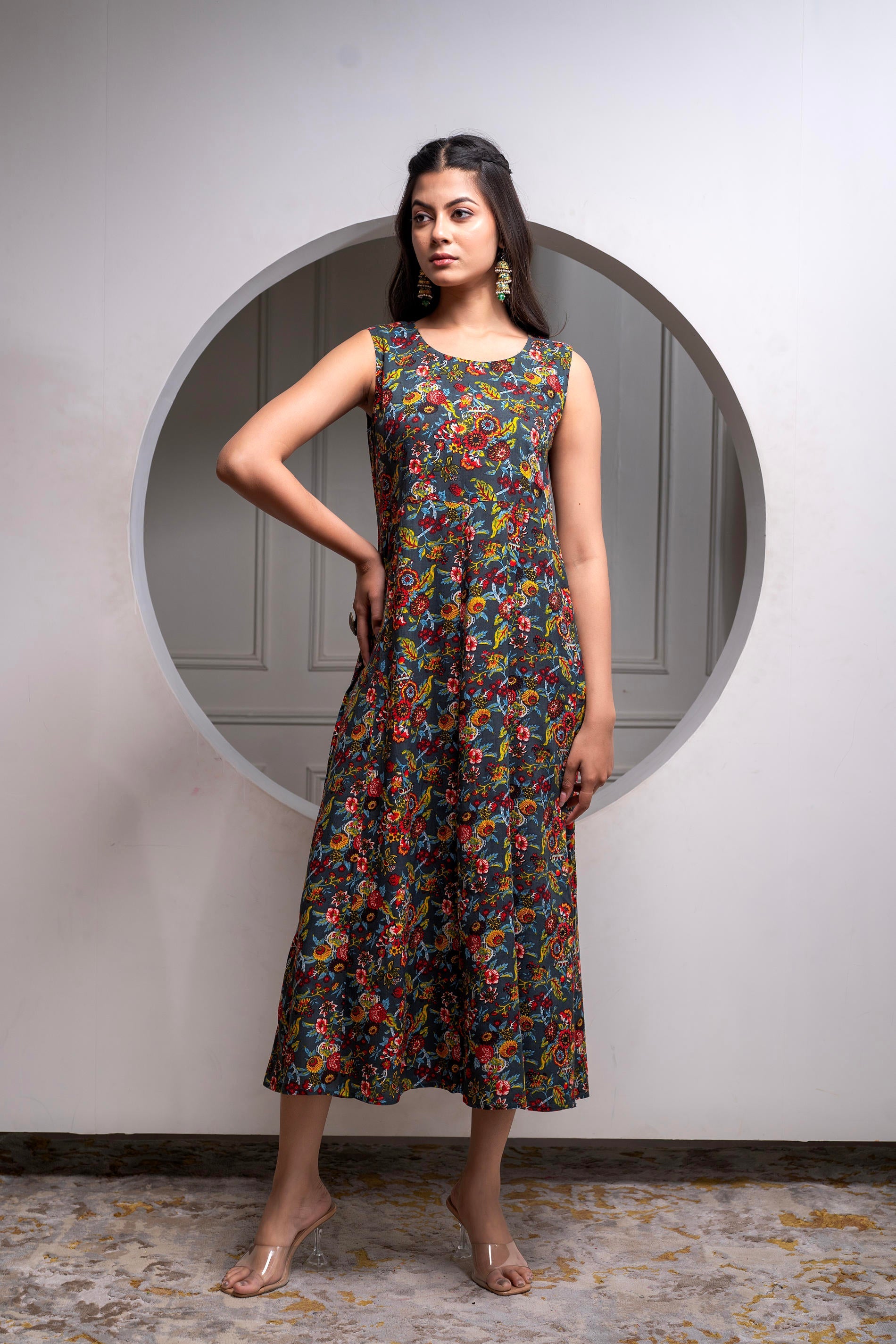 Juniper Viscose Grey Embroidered Long Dress And Shrug Set With Thread, Mirror Work & Beads