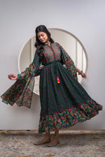 Thumbnail for Juniper Bottle Green Floral Viscose Long Dress With Dupatta And Dori, Sequence & Lace Work