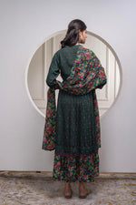 Thumbnail for Juniper Bottle Green Floral Viscose Long Dress With Dupatta And Dori, Sequence & Lace Work