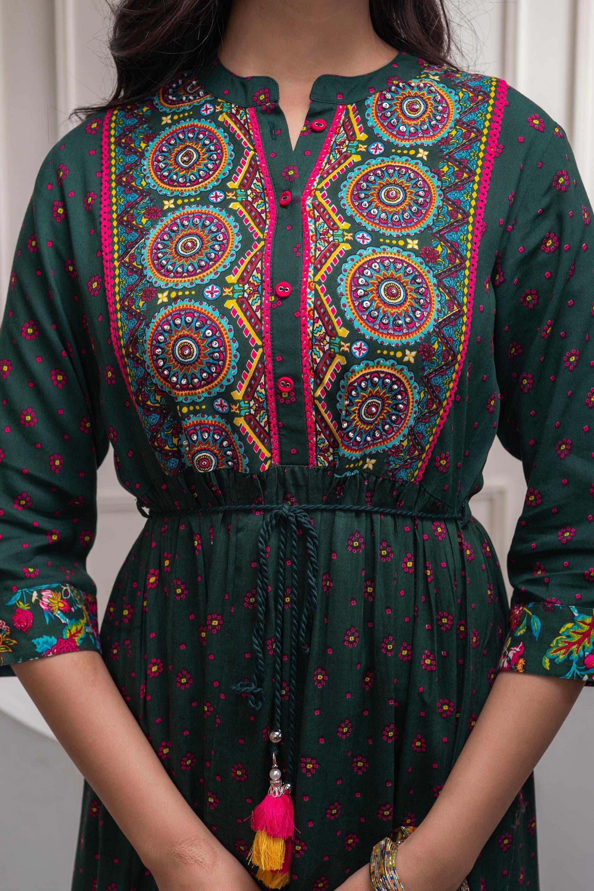 Juniper Bottle Green Floral Viscose Long Dress With Dupatta And Dori, Sequence & Lace Work