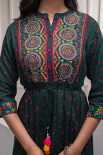 Thumbnail for Juniper Bottle Green Floral Viscose Long Dress With Dupatta And Dori, Sequence & Lace Work