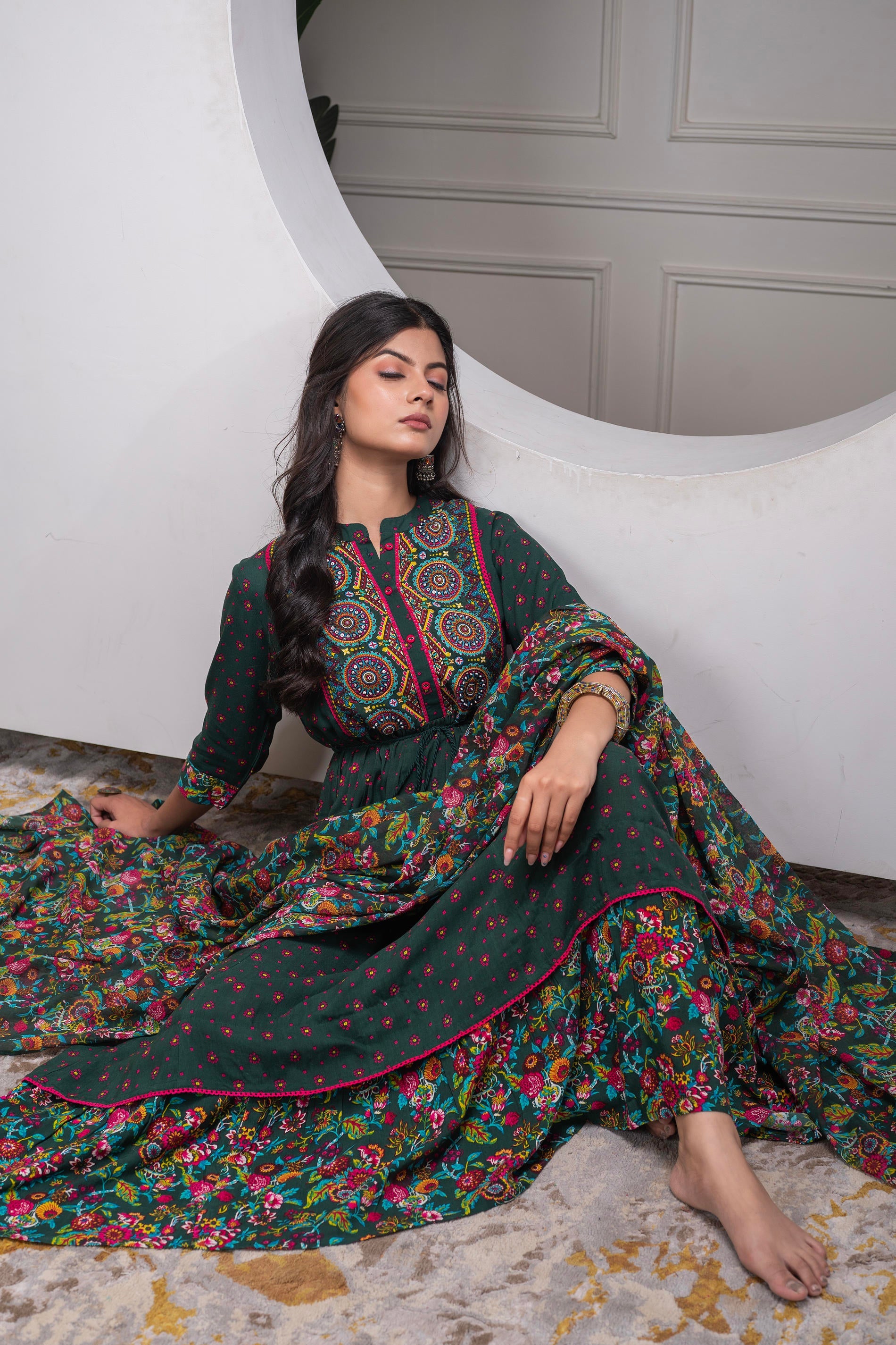 Juniper Bottle Green Floral Viscose Long Dress With Dupatta And Dori, Sequence & Lace Work