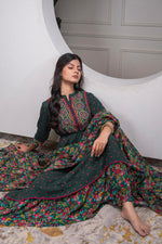 Thumbnail for Juniper Bottle Green Floral Viscose Long Dress With Dupatta And Dori, Sequence & Lace Work