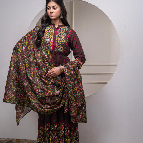 Juniper Brown Floral Viscose Long Dress With Dupatta And Dori, Sequence & Lace Work