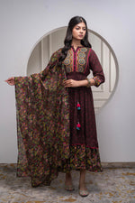Thumbnail for Juniper Brown Floral Viscose Long Dress With Dupatta And Dori, Sequence & Lace Work