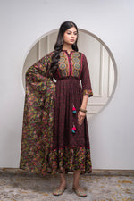 Thumbnail for Juniper Brown Floral Viscose Long Dress With Dupatta And Dori, Sequence & Lace Work