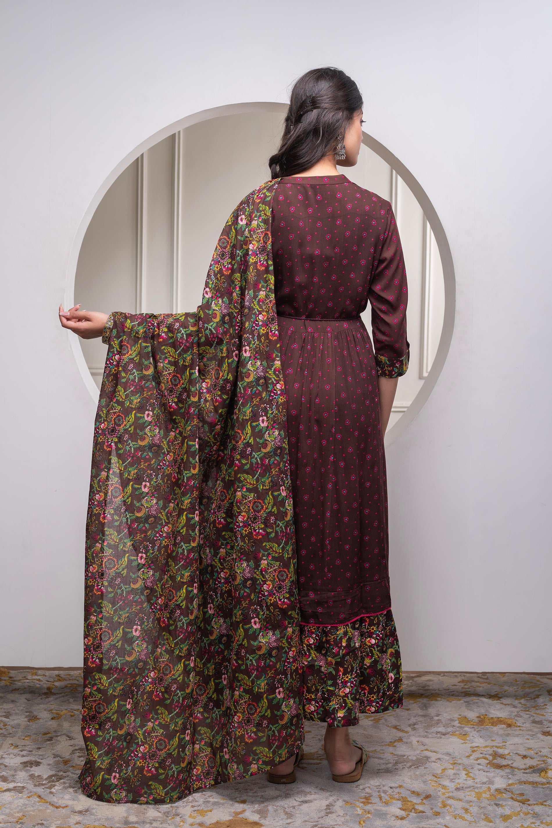Juniper Brown Floral Viscose Long Dress With Dupatta And Dori, Sequence & Lace Work