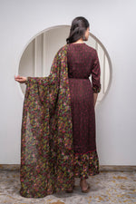 Thumbnail for Juniper Brown Floral Viscose Long Dress With Dupatta And Dori, Sequence & Lace Work