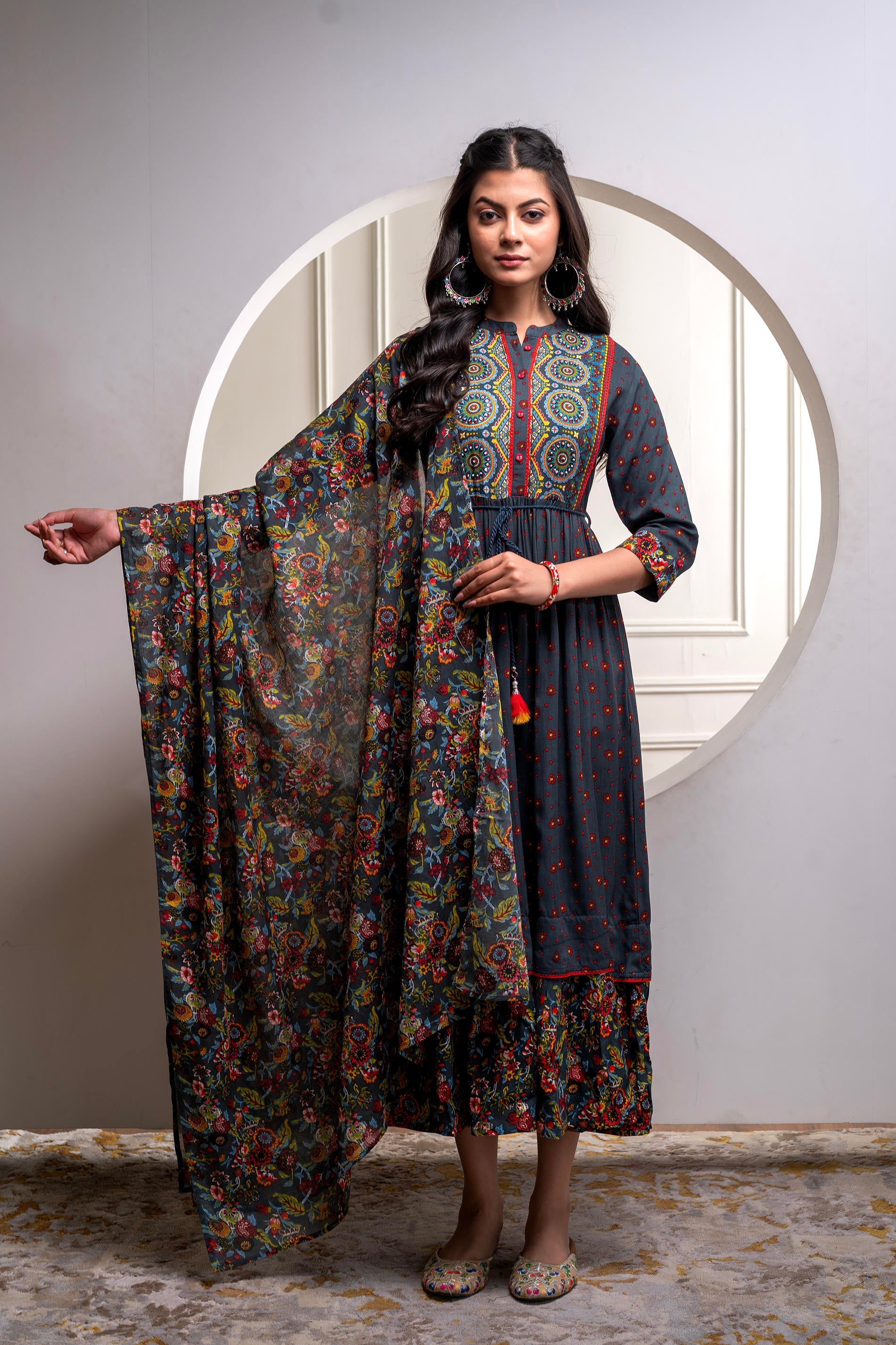 Juniper Grey Floral Viscose Long Dress With Dupatta And Dori, Sequence & Lace Work