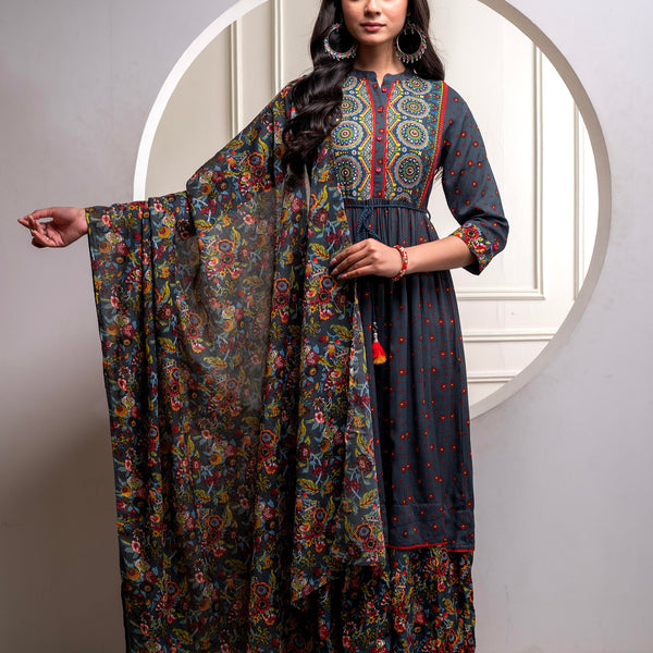 Juniper Grey Floral Viscose Long Dress With Dupatta And Dori, Sequence & Lace Work