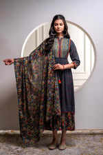 Thumbnail for Juniper Grey Floral Viscose Long Dress With Dupatta And Dori, Sequence & Lace Work