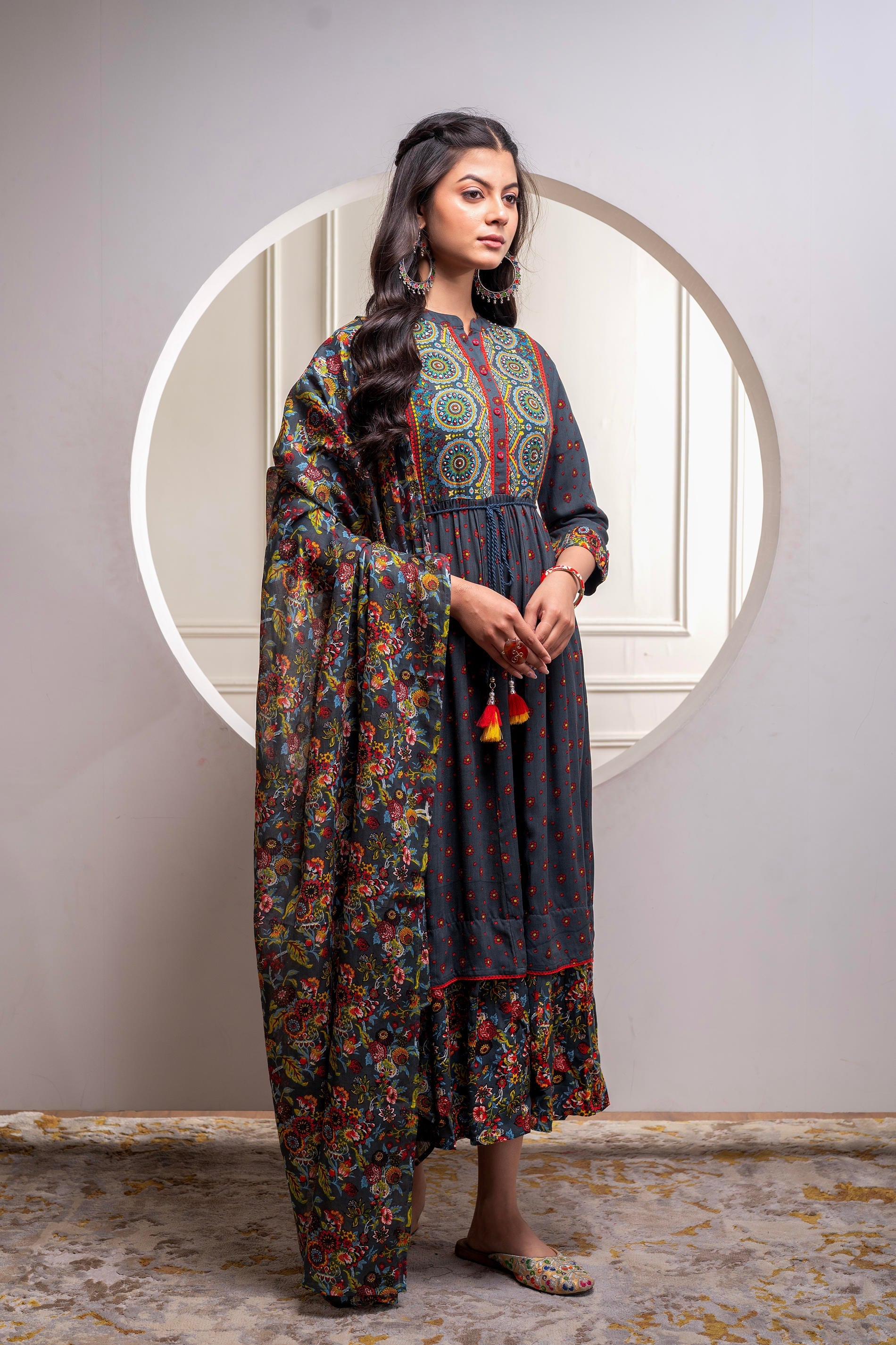 Juniper Grey Floral Viscose Long Dress With Dupatta And Dori, Sequence & Lace Work