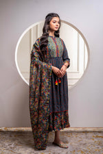 Thumbnail for Juniper Grey Floral Viscose Long Dress With Dupatta And Dori, Sequence & Lace Work