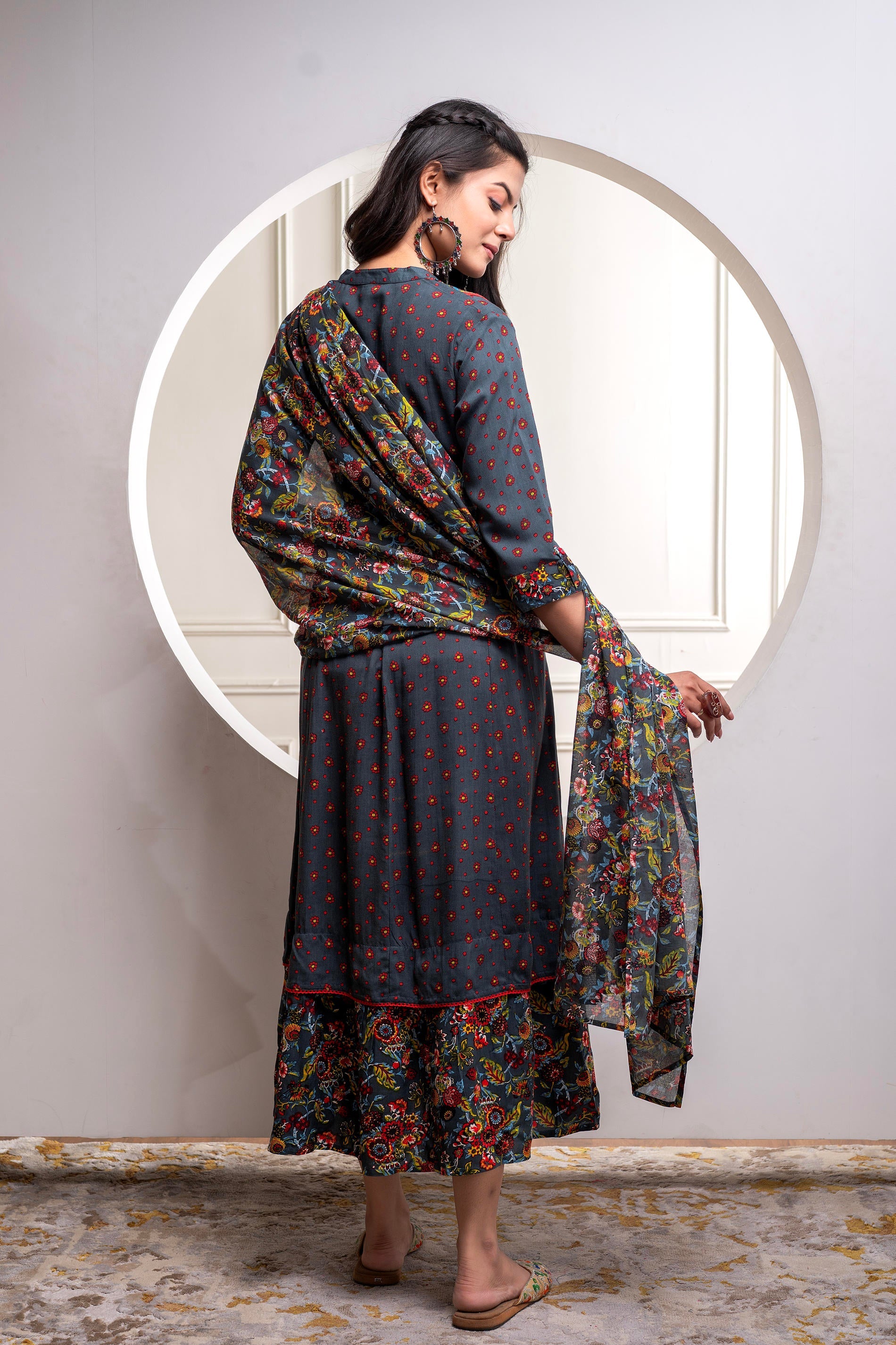 Juniper Grey Floral Viscose Long Dress With Dupatta And Dori, Sequence & Lace Work
