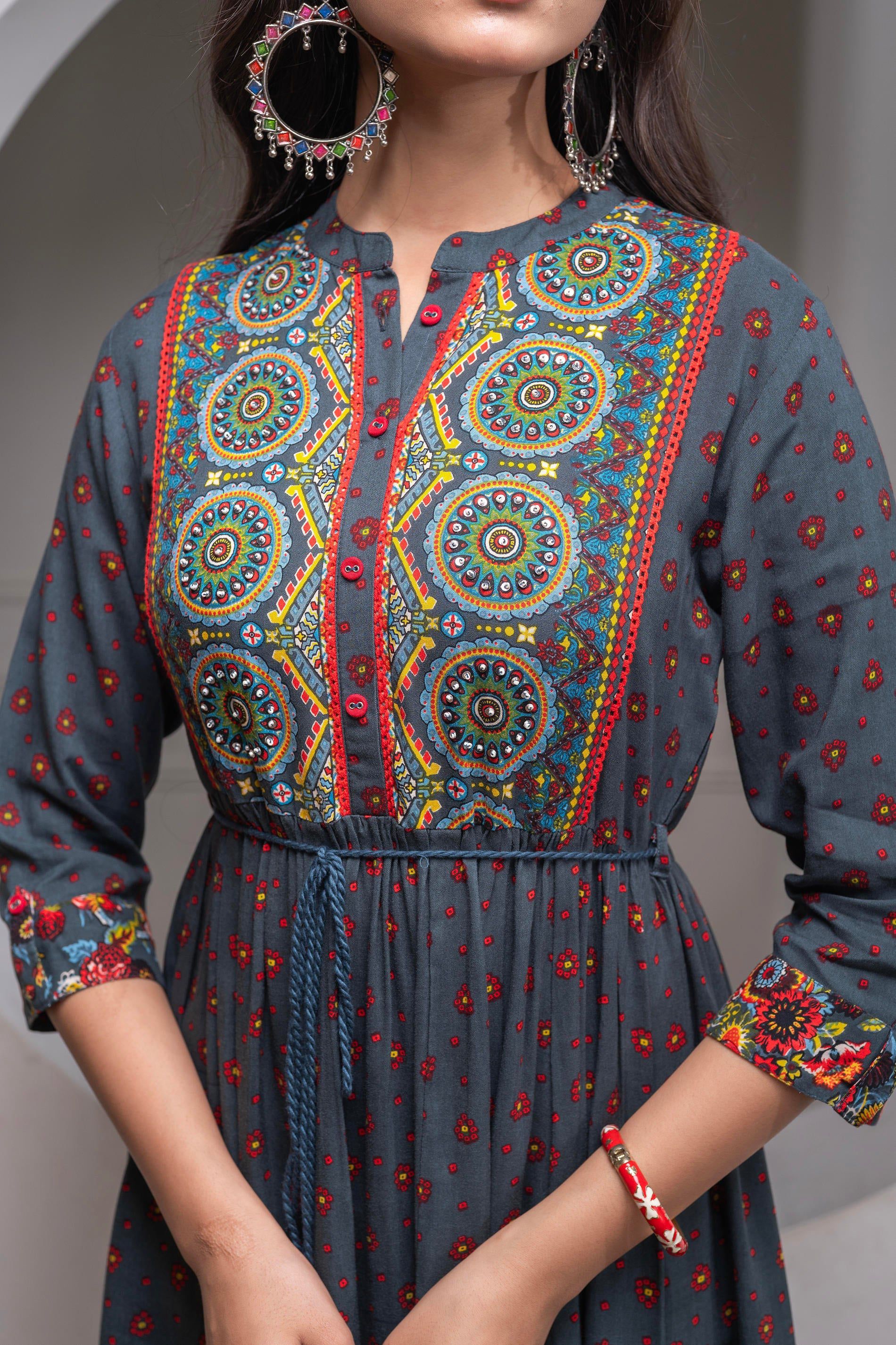 Juniper Grey Floral Viscose Long Dress With Dupatta And Dori, Sequence & Lace Work