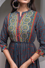 Thumbnail for Juniper Grey Floral Viscose Long Dress With Dupatta And Dori, Sequence & Lace Work