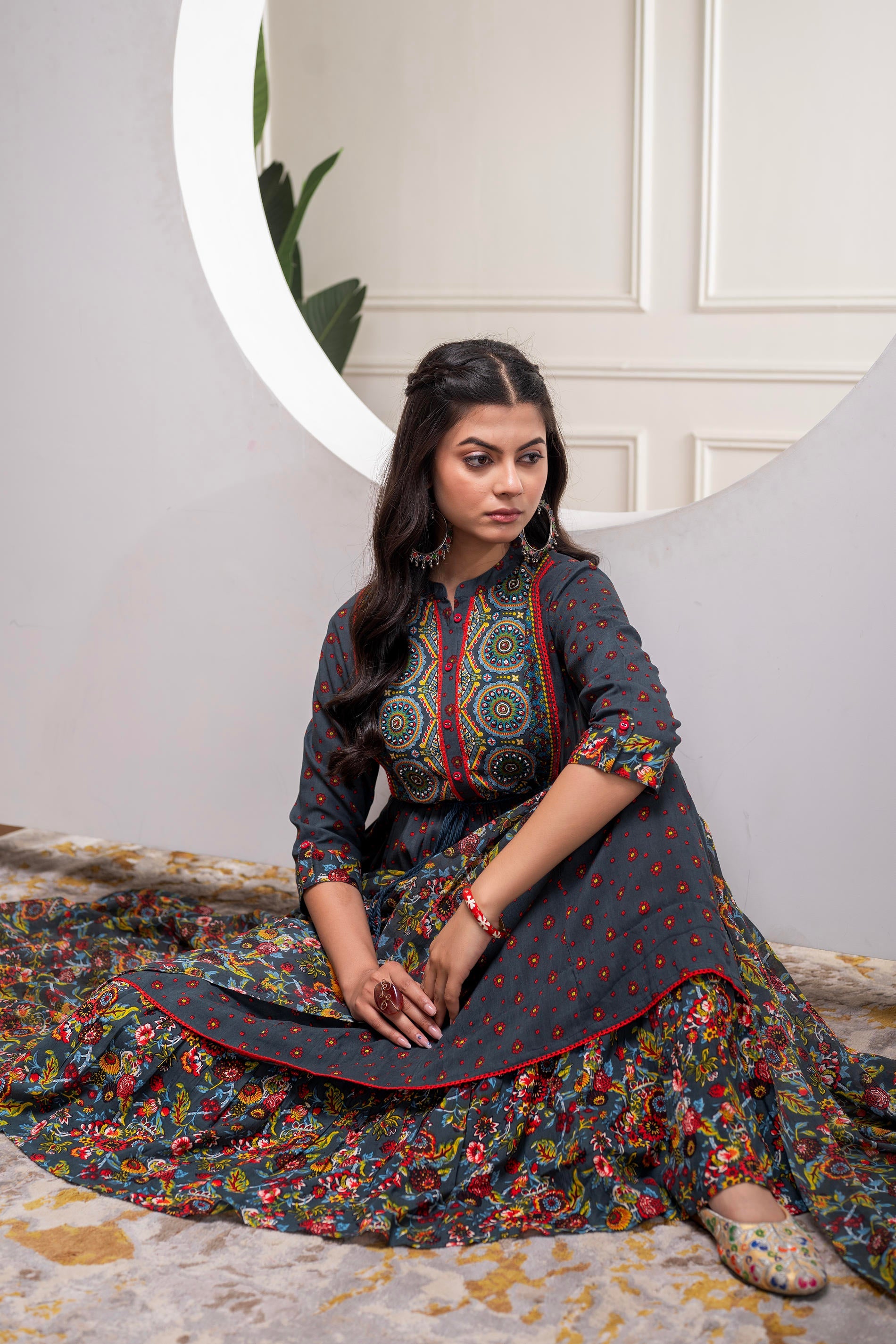 Juniper Grey Floral Viscose Long Dress With Dupatta And Dori, Sequence & Lace Work