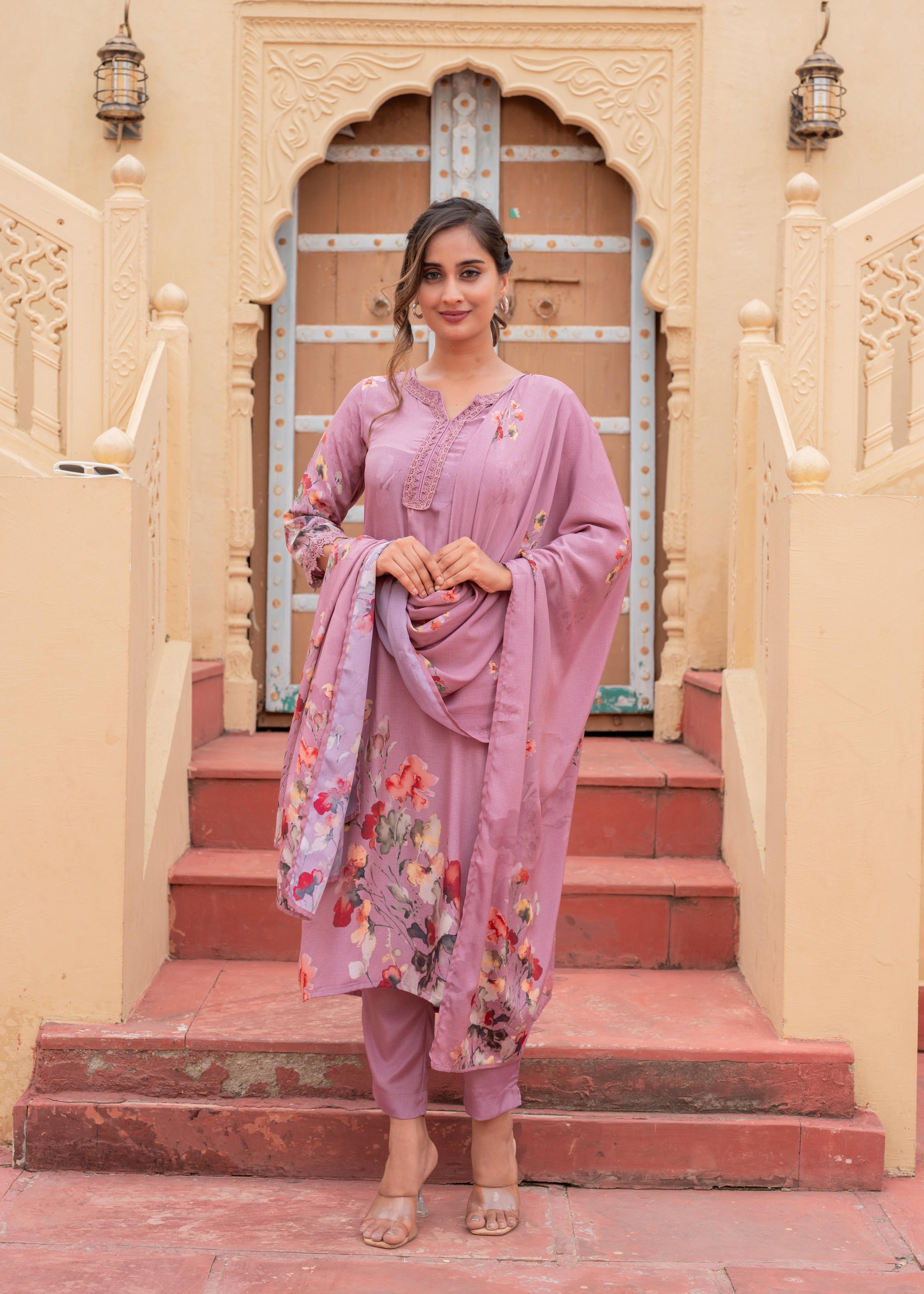 Juniper Mauve Man Made Fiber Floral Printed Kurta With Pants & Dupatta Set With Lace Work