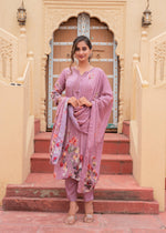 Thumbnail for Juniper Mauve Man Made Fiber Floral Printed Kurta With Pants & Dupatta Set With Lace Work