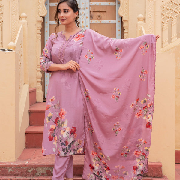 Juniper Mauve Man Made Fiber Floral Printed Kurta With Pants & Dupatta Set With Lace Work