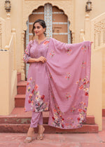 Thumbnail for Juniper Mauve Man Made Fiber Floral Printed Kurta With Pants & Dupatta Set With Lace Work