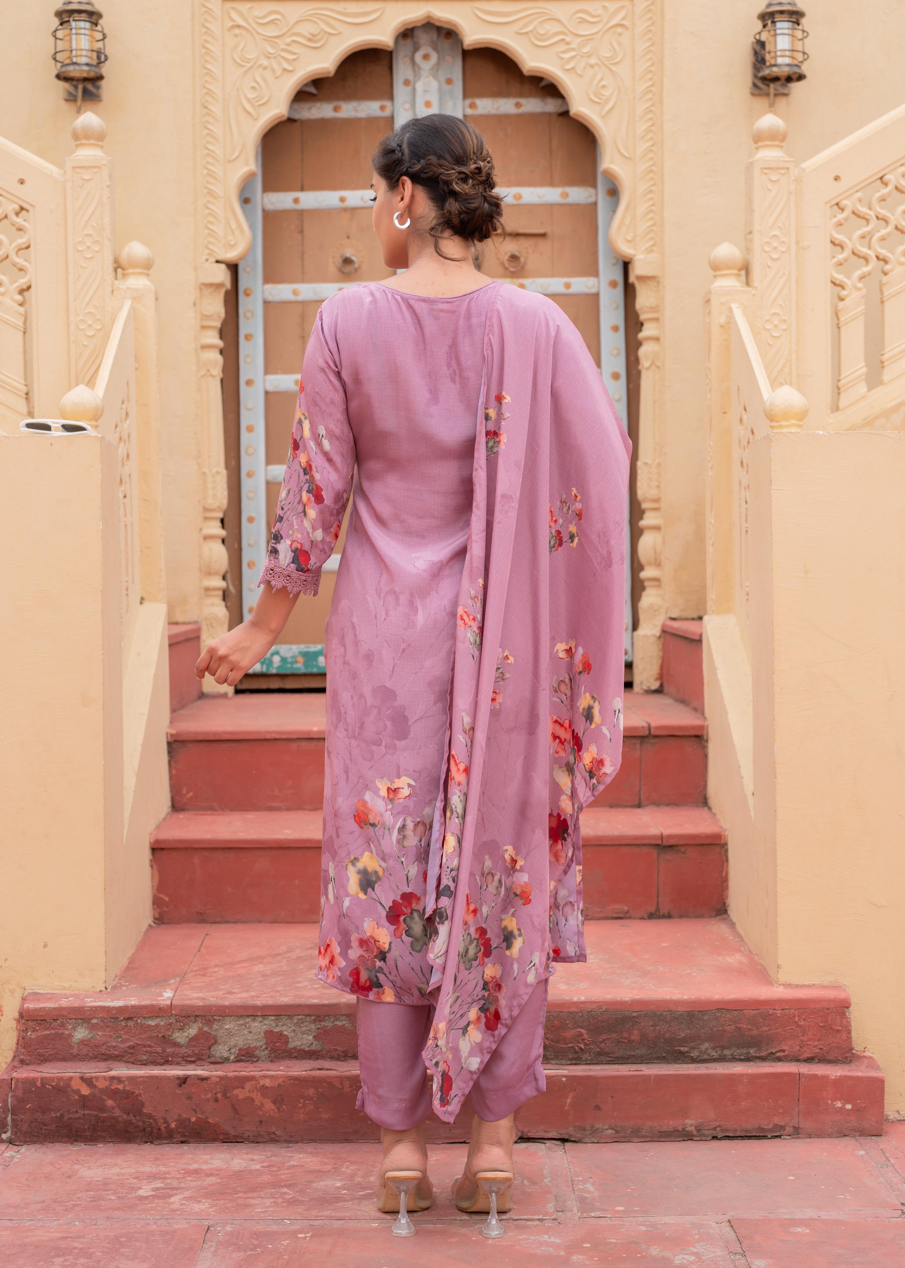 Juniper Mauve Man Made Fiber Floral Printed Kurta With Pants & Dupatta Set With Lace Work