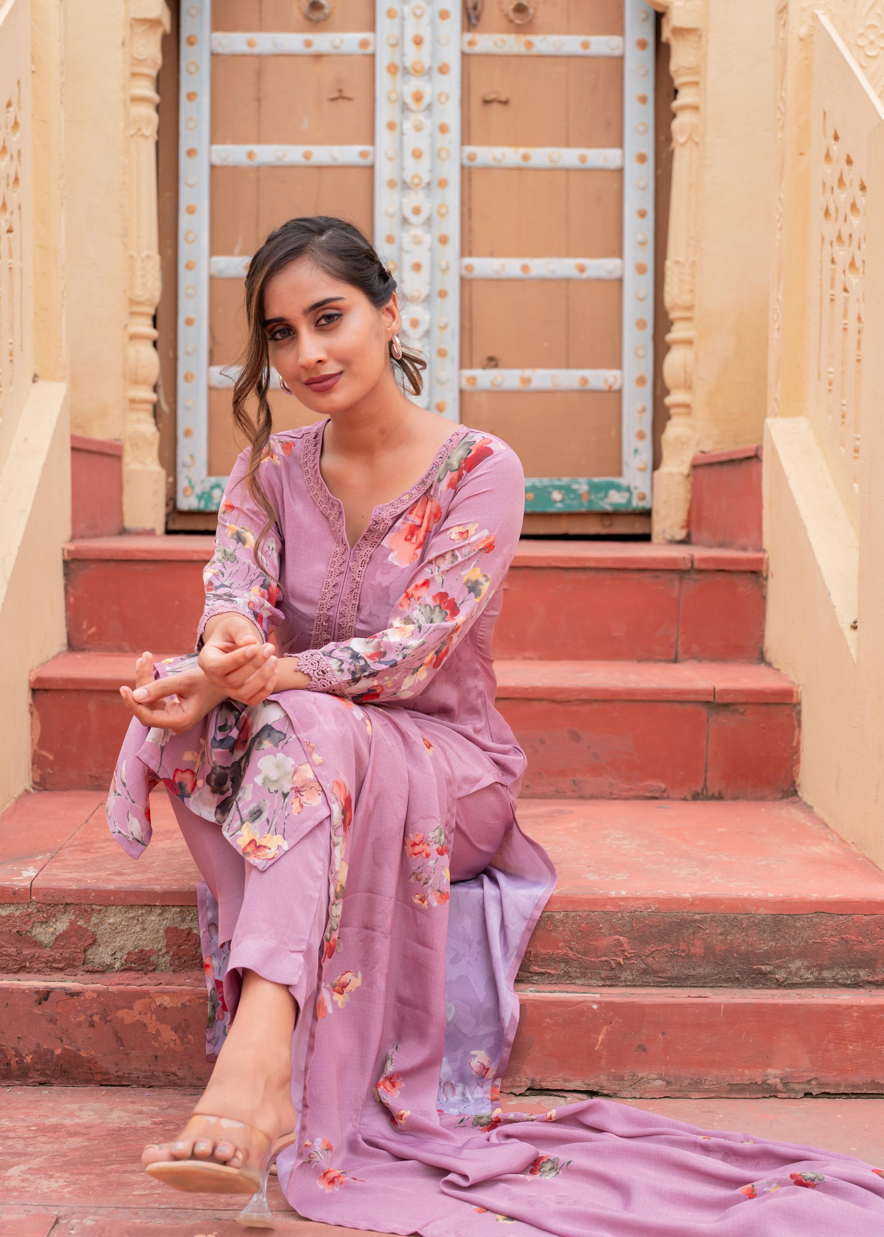 Juniper Mauve Man Made Fiber Floral Printed Kurta With Pants & Dupatta Set With Lace Work