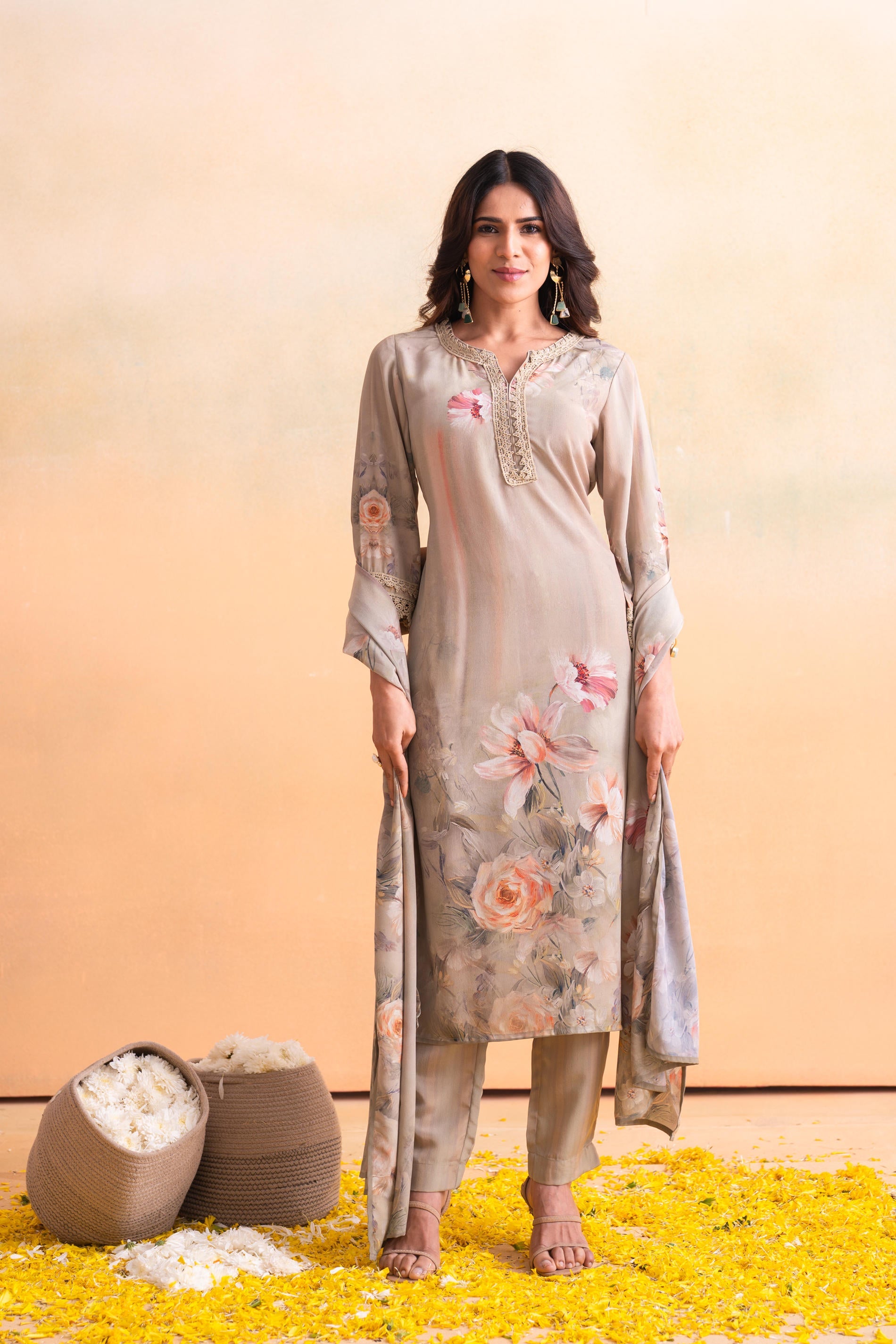 Juniper Beige Floral Embellished A-Line Kurta Pant And Dupatta Set With Beads & Sequence Work
