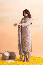 Thumbnail for Juniper Beige Floral Embellished A-Line Kurta Pant And Dupatta Set With Beads & Sequence Work