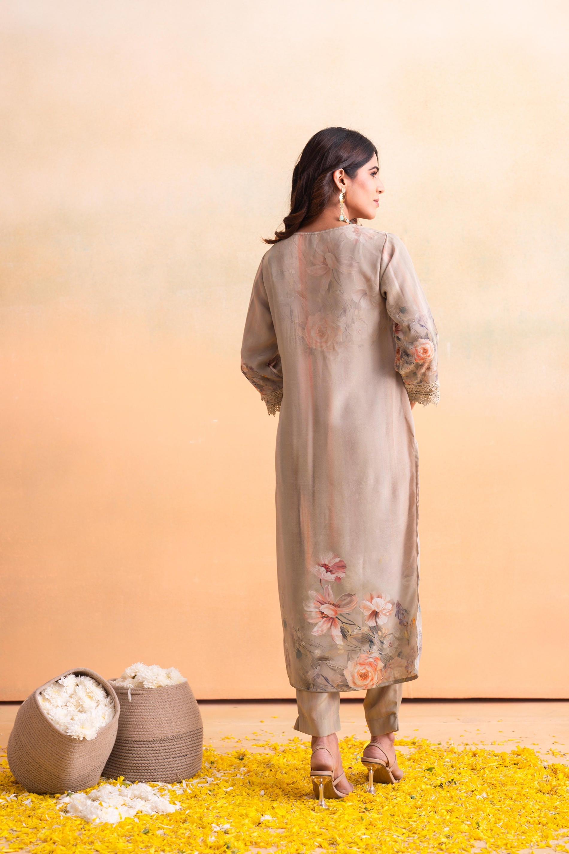 Juniper Beige Floral Embellished A-Line Kurta Pant And Dupatta Set With Beads & Sequence Work