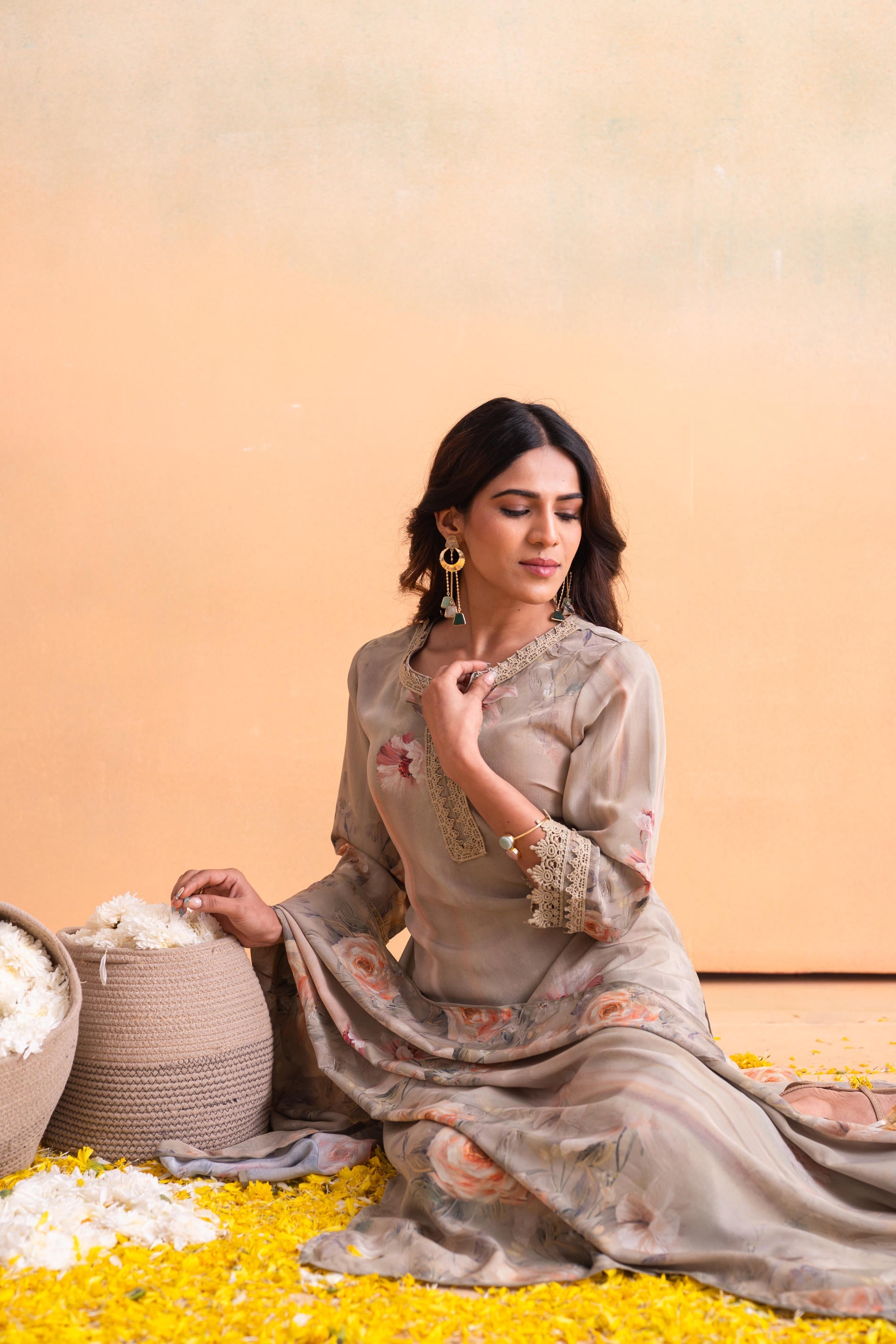 Juniper Beige Floral Embellished A-Line Kurta Pant And Dupatta Set With Beads & Sequence Work