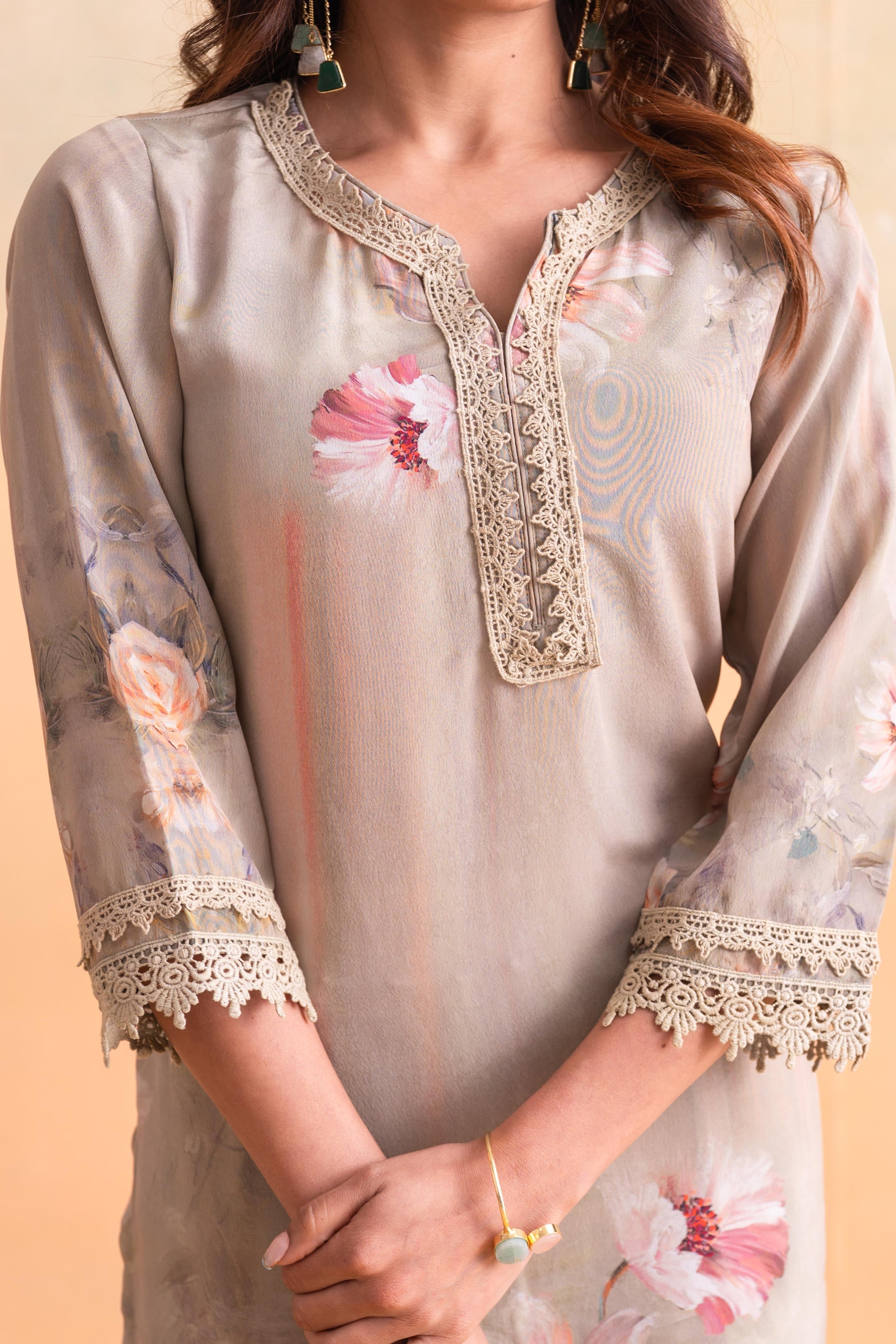 Juniper Beige Floral Embellished A-Line Kurta Pant And Dupatta Set With Beads & Sequence Work