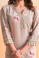 Thumbnail for Juniper Beige Floral Embellished A-Line Kurta Pant And Dupatta Set With Beads & Sequence Work