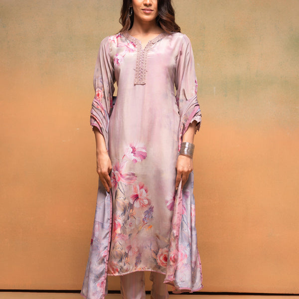 Juniper Pink Floral Embellished A-Line Kurta Pant And Dupatta Set With Beads & Sequence Work