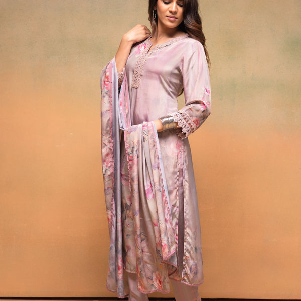 Juniper Pink Floral Embellished A-Line Kurta Pant And Dupatta Set With Beads & Sequence Work - Distacart