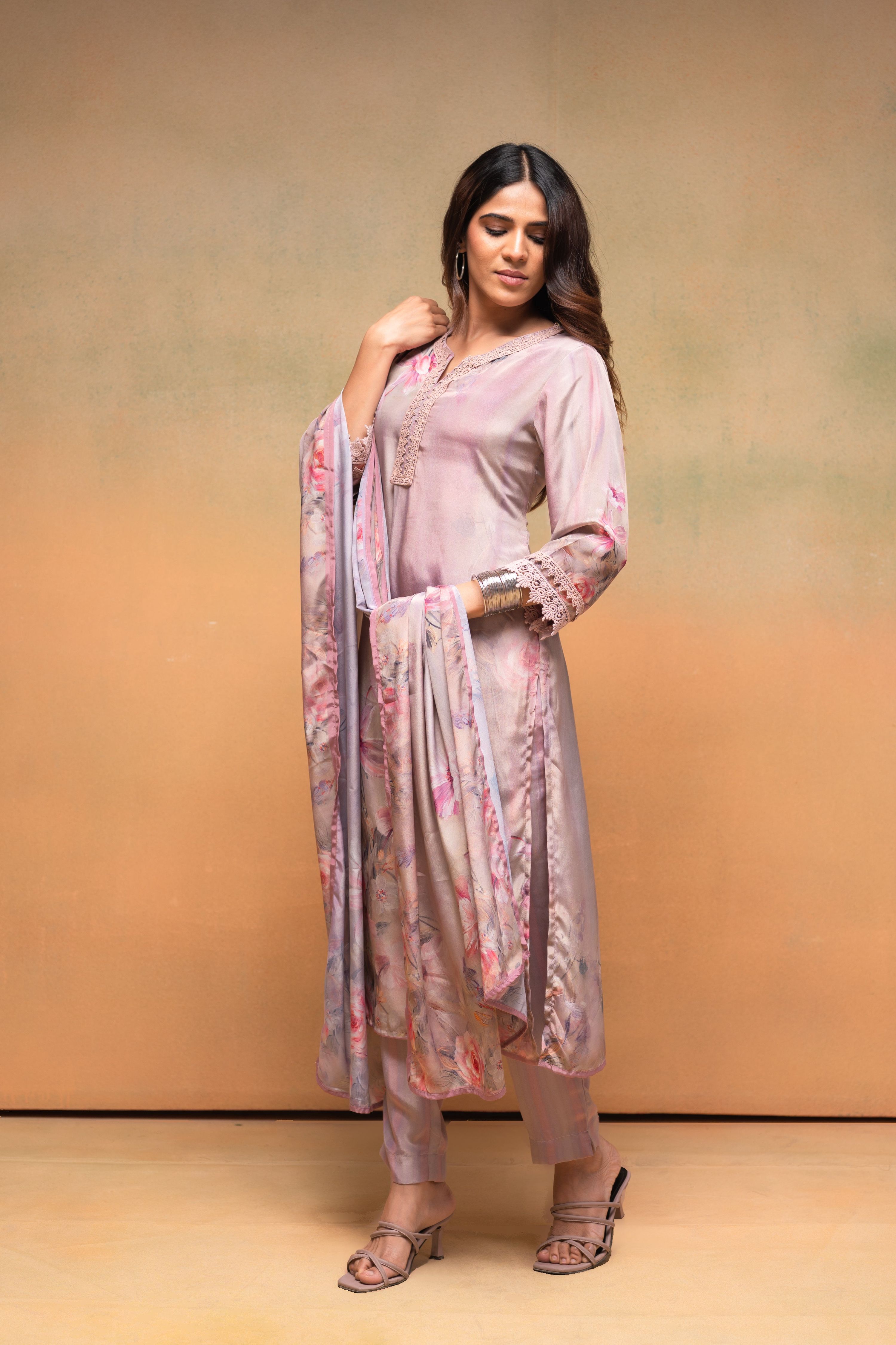 Juniper Pink Floral Embellished A-Line Kurta Pant And Dupatta Set With Beads & Sequence Work