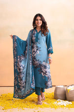 Thumbnail for Juniper Blue Man Made Fiber Floral Printed Kurta With Pants & Dupatta Set With Lace Work - Distacart