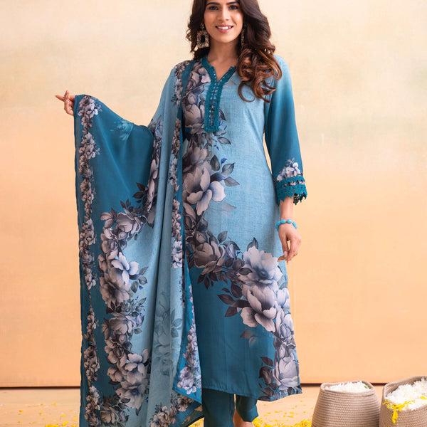 Juniper Blue Man Made Fiber Floral Printed Kurta With Pants & Dupatta Set With Lace Work