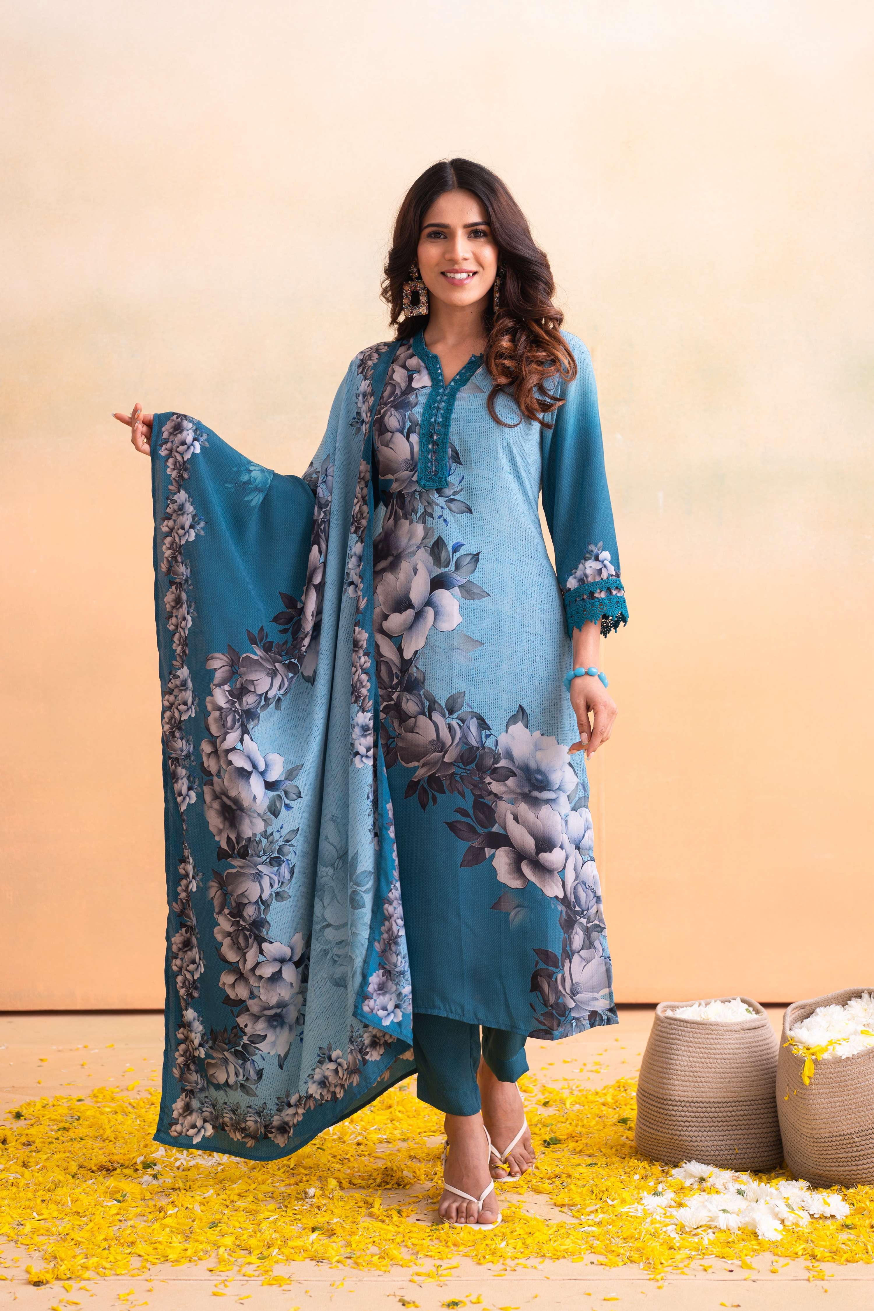 Juniper Blue Man Made Fiber Floral Printed Kurta With Pants & Dupatta Set With Lace Work