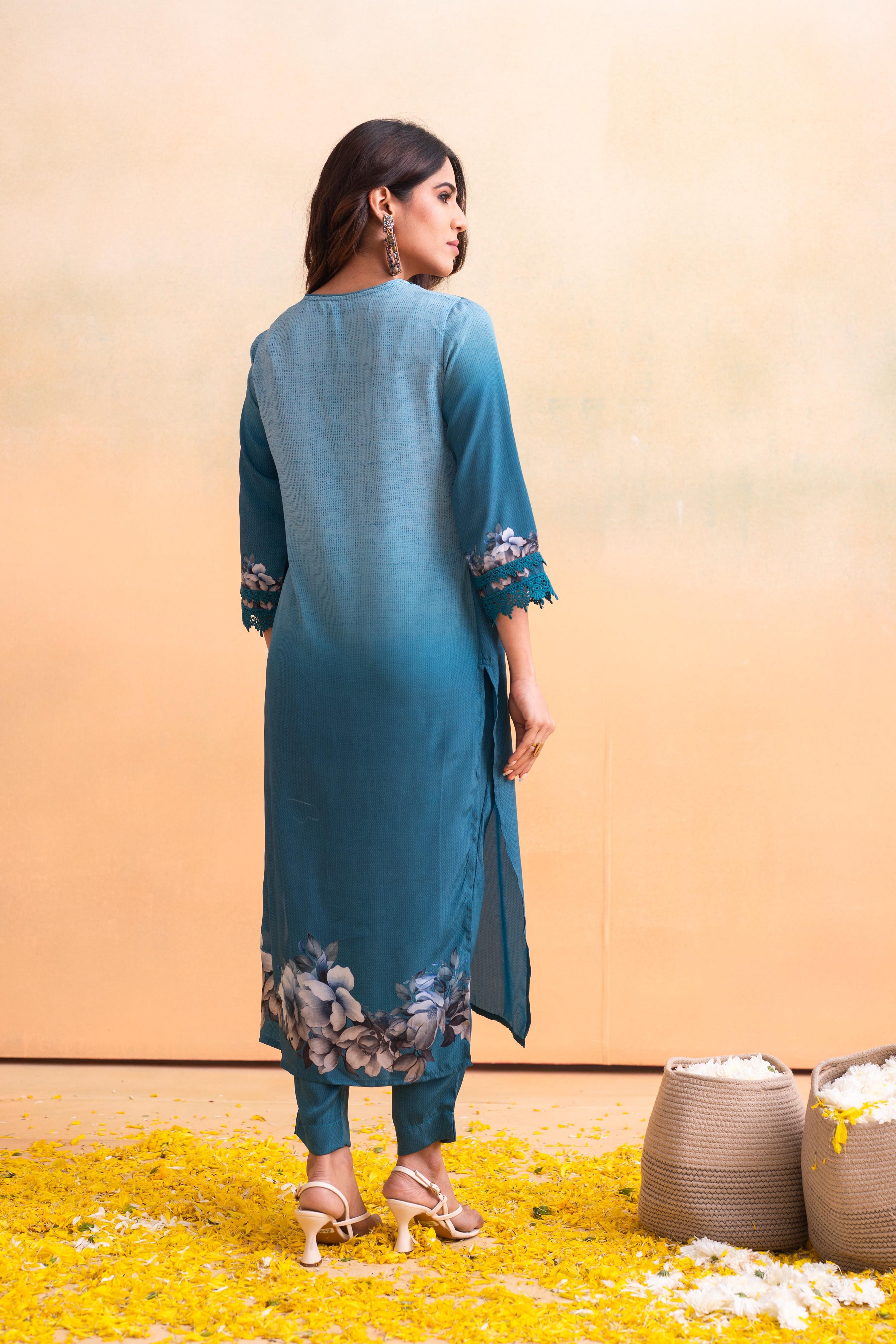 Juniper Blue Man Made Fiber Floral Printed Kurta With Pants & Dupatta Set With Lace Work