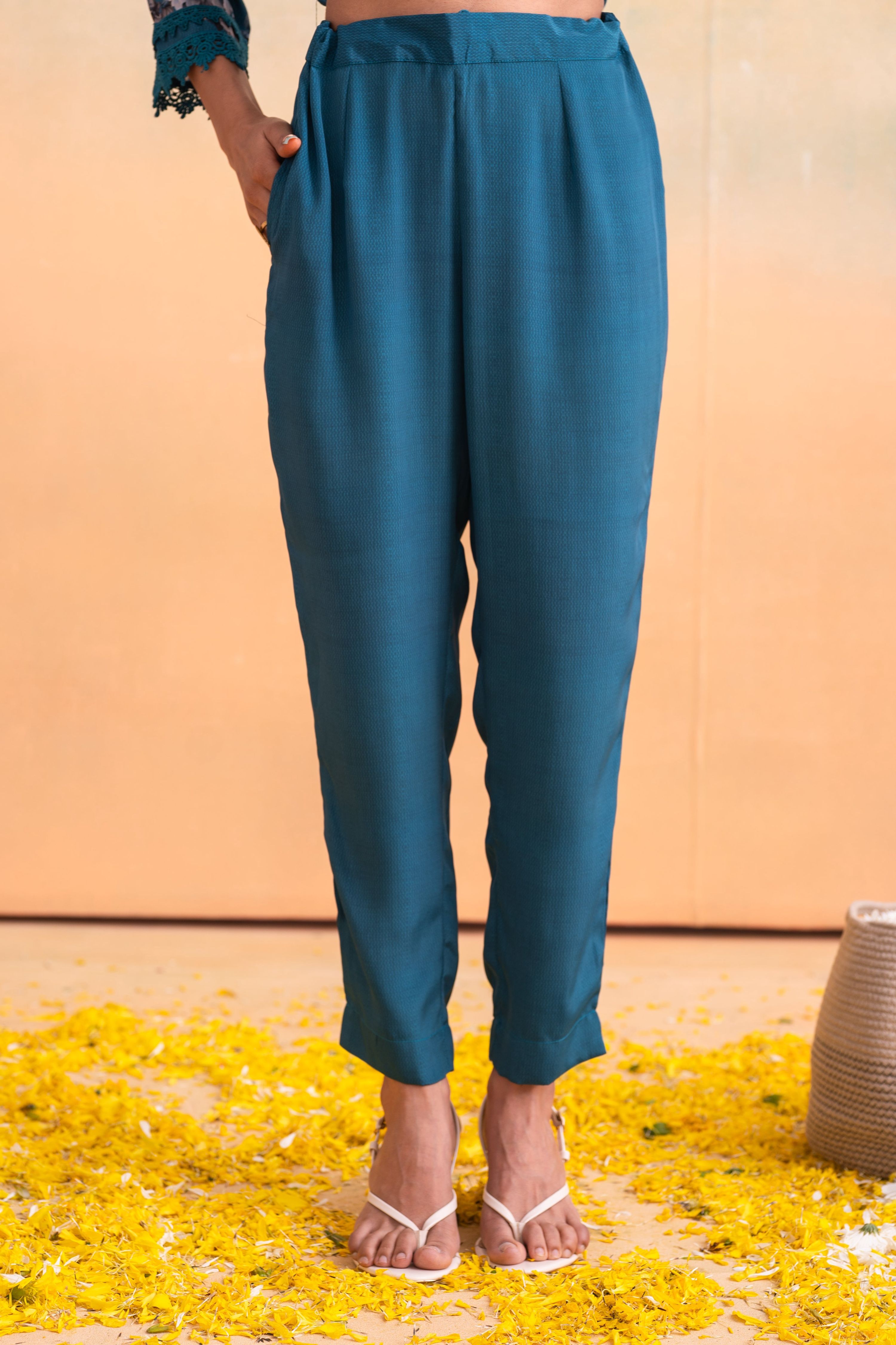 Juniper Blue Man Made Fiber Floral Printed Kurta With Pants & Dupatta Set With Lace Work