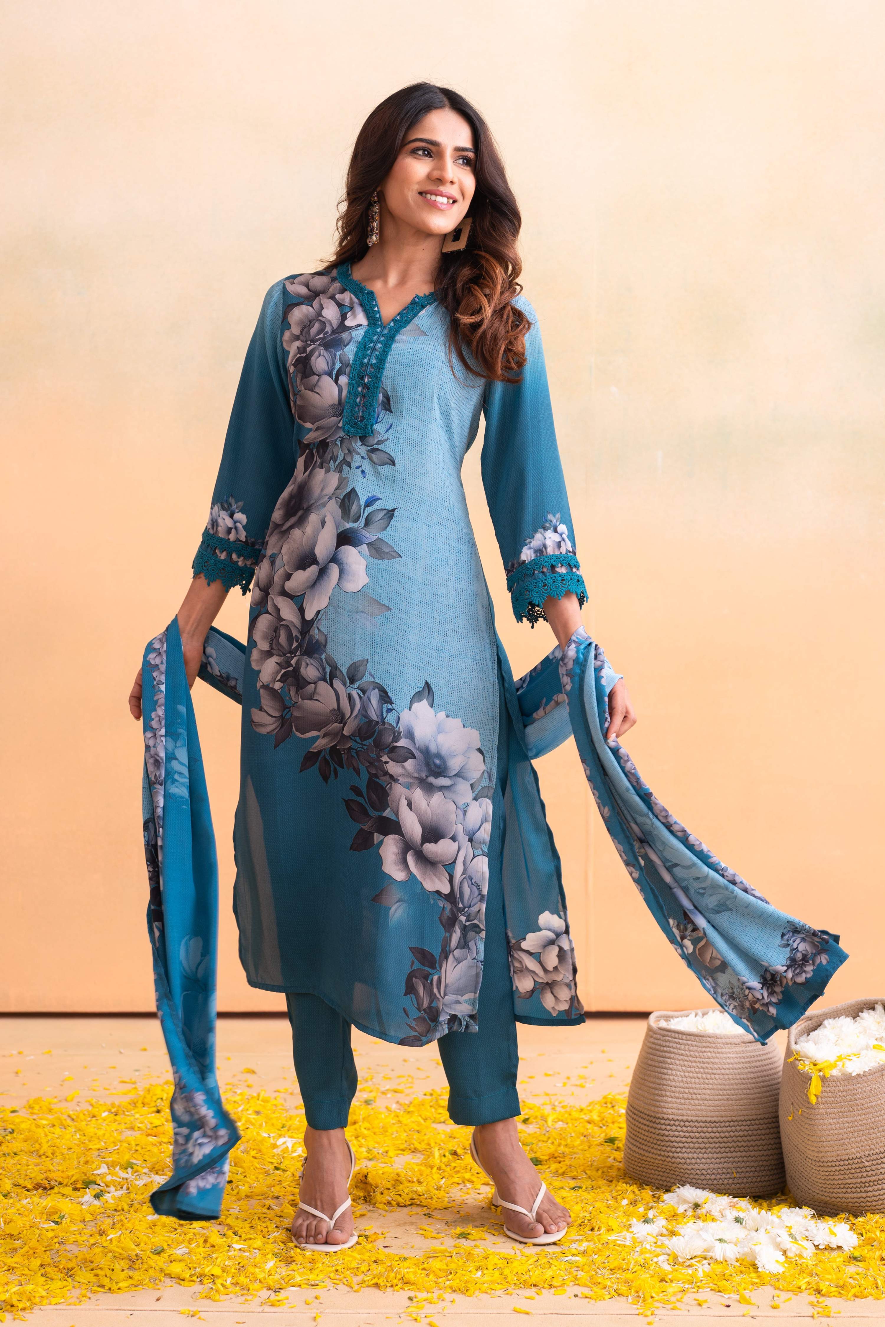 Juniper Blue Man Made Fiber Floral Printed Kurta With Pants & Dupatta Set With Lace Work