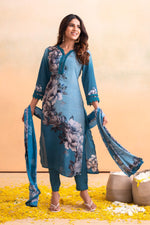 Thumbnail for Juniper Blue Man Made Fiber Floral Printed Kurta With Pants & Dupatta Set With Lace Work - Distacart