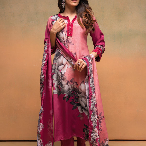 Juniper Magenta Man Made Fiber Floral Printed Kurta With Pants & Dupatta Set With Lace Work