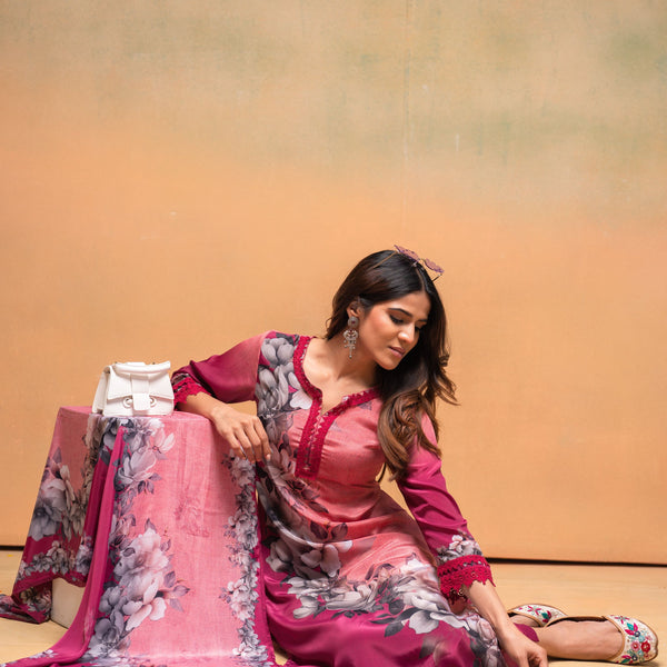 Juniper Magenta Man Made Fiber Floral Printed Kurta With Pants & Dupatta Set With Lace Work - Distacart