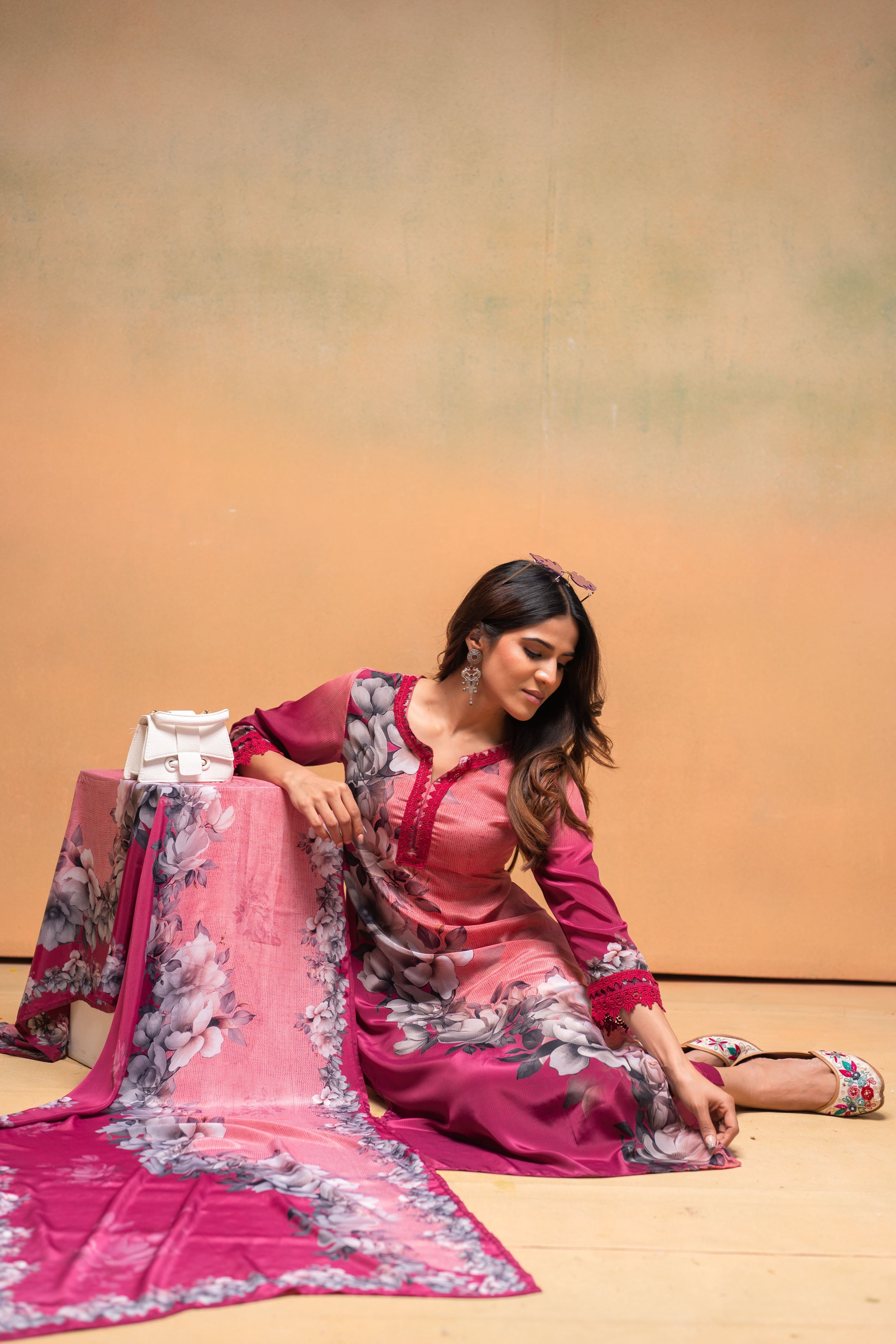 Juniper Magenta Man Made Fiber Floral Printed Kurta With Pants & Dupatta Set With Lace Work