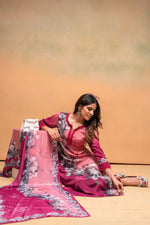 Thumbnail for Juniper Magenta Man Made Fiber Floral Printed Kurta With Pants & Dupatta Set With Lace Work - Distacart